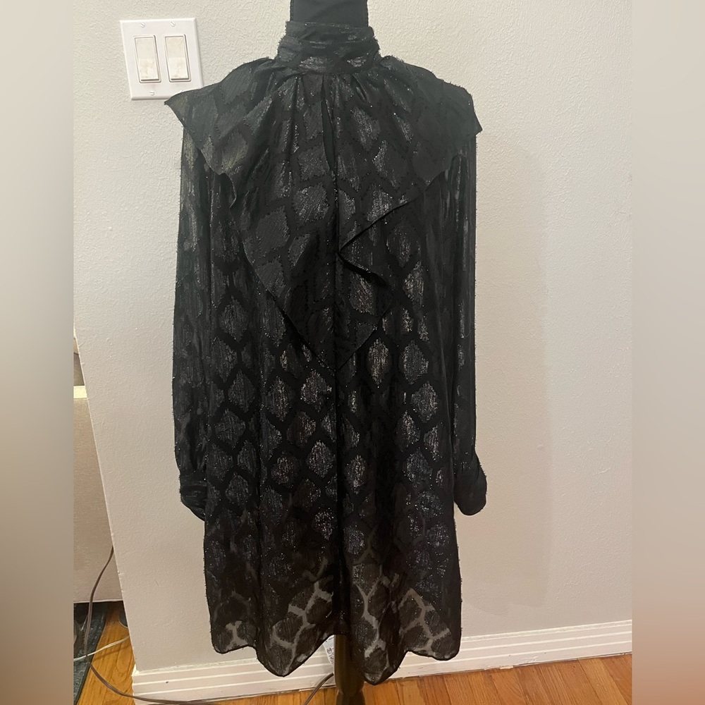 Nanette Lepore Women’s Sheer Black Metallic Patterned Long Sleeve Dress Size 12